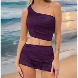 Cupshe Women Purple One Shoulder Bikini Set Mesh Ruched Skirt S NWT